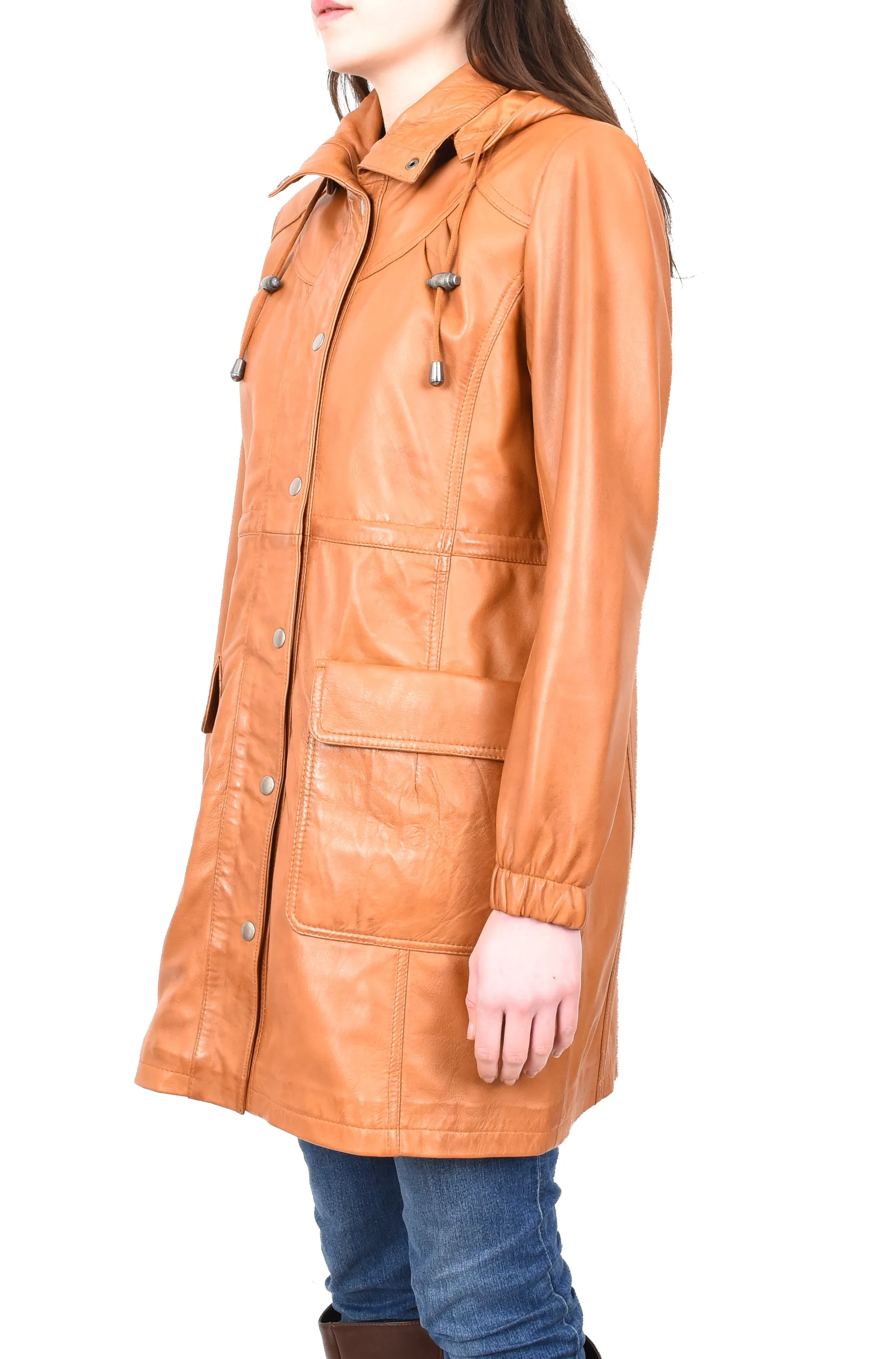 Women's Smart 3/ Length Long Leather Coat Hood Tan Yondera